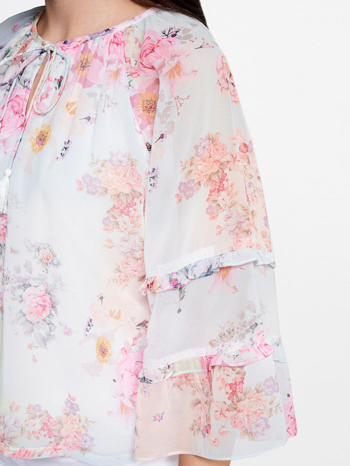 AND Floral Printed Tie-Up Neck Bell Sleeves Top