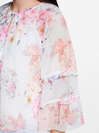 AND Floral Printed Tie-Up Neck Bell Sleeves Top