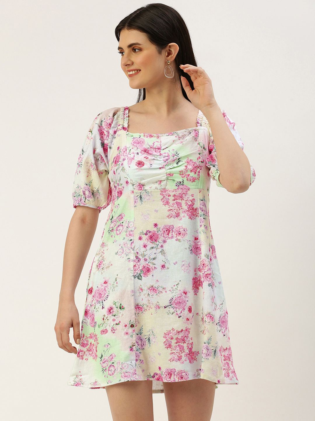 AND Square Neck Floral Print Puff Sleeve Empire Style Smocked Mini Dress