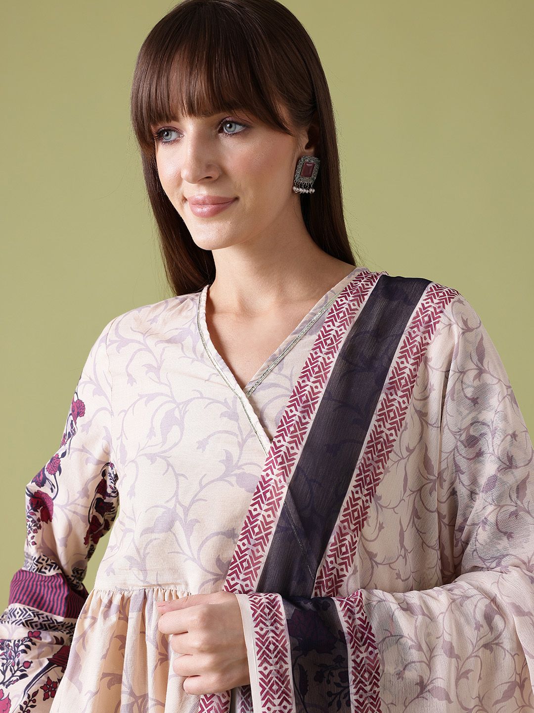 Anouk Printed Gotta Patti Cotton Angrakha Kurta with Palazzos & With Dupatta
