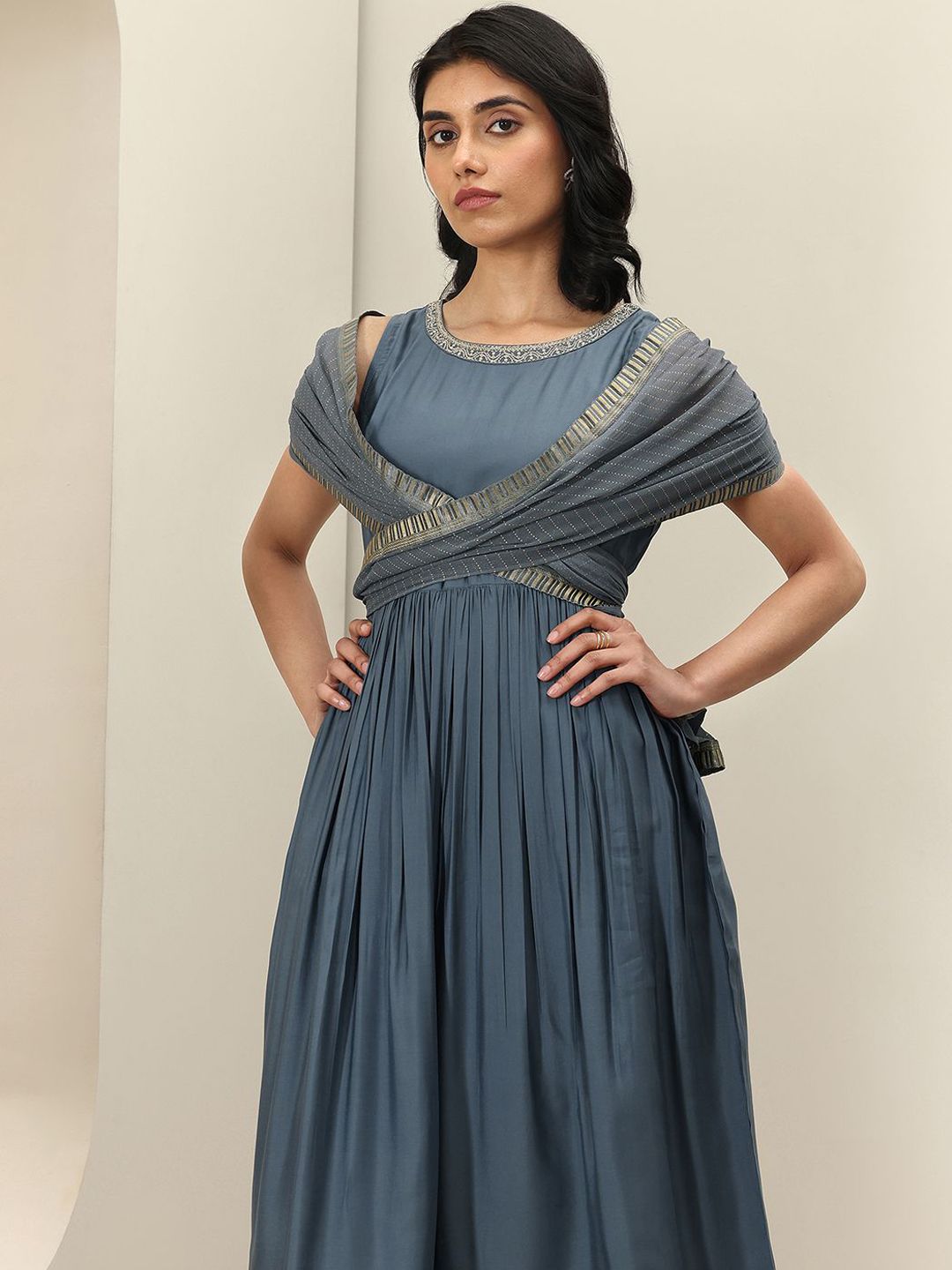 Gerua By Libas Womens Grey Solid Anarkali Kurta With Trousers & Dupatta