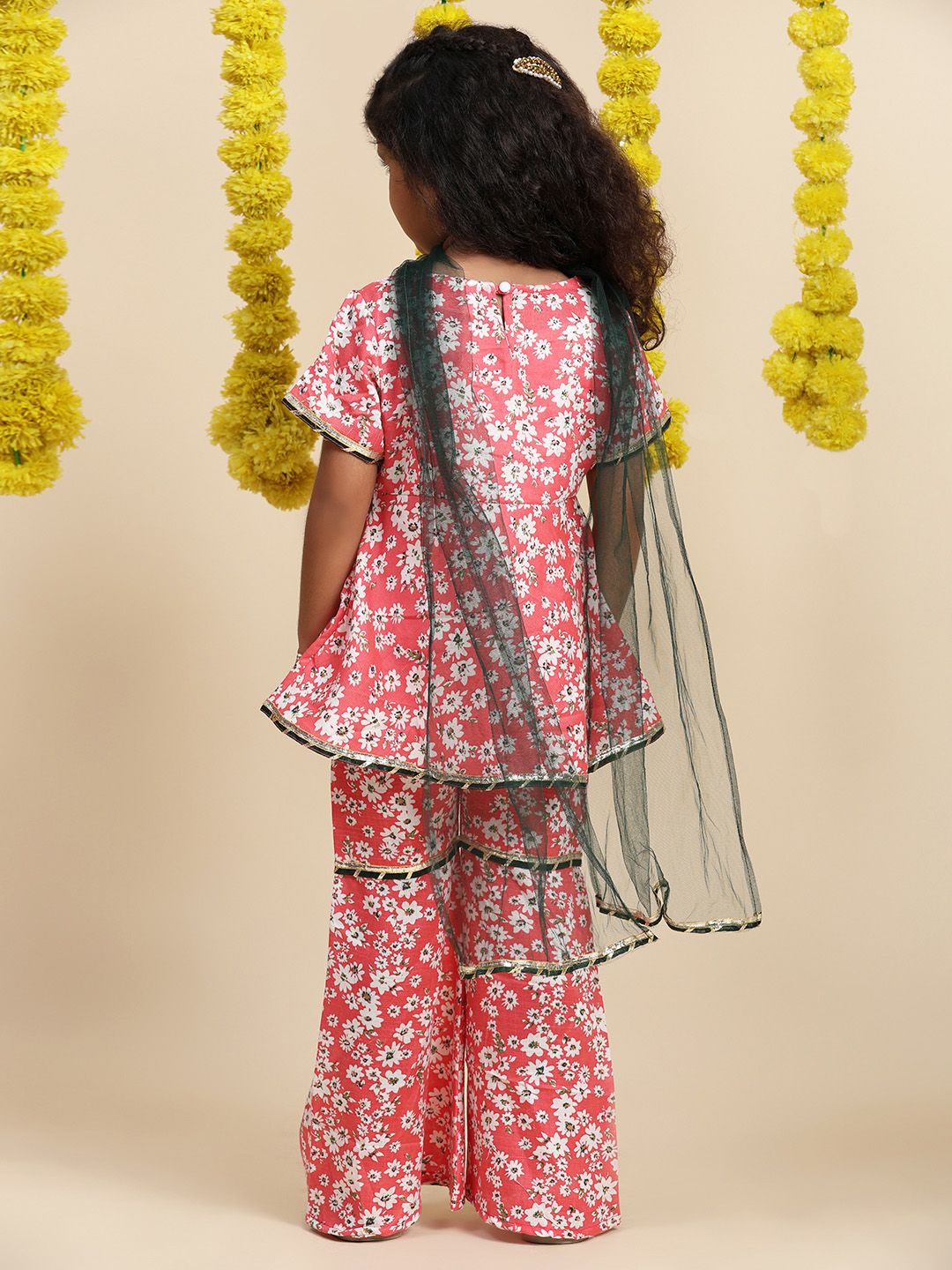 Cutiekins Girls Floral Printed Empire Gotta Patti A-Line Kurti with Sharara & Dupatta