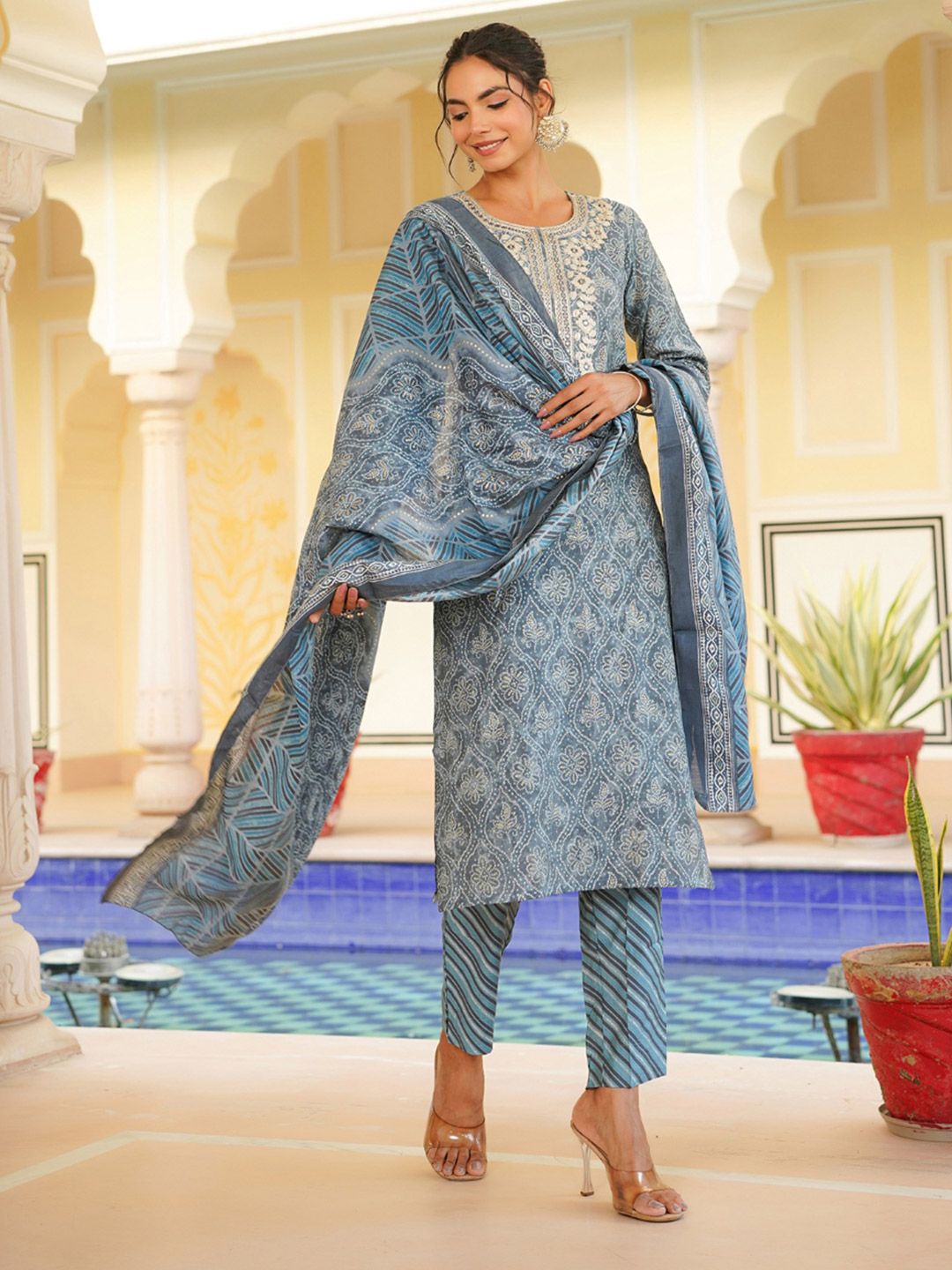 KALINI Floral Printed Regular Kurta With Trousers & Dupatta