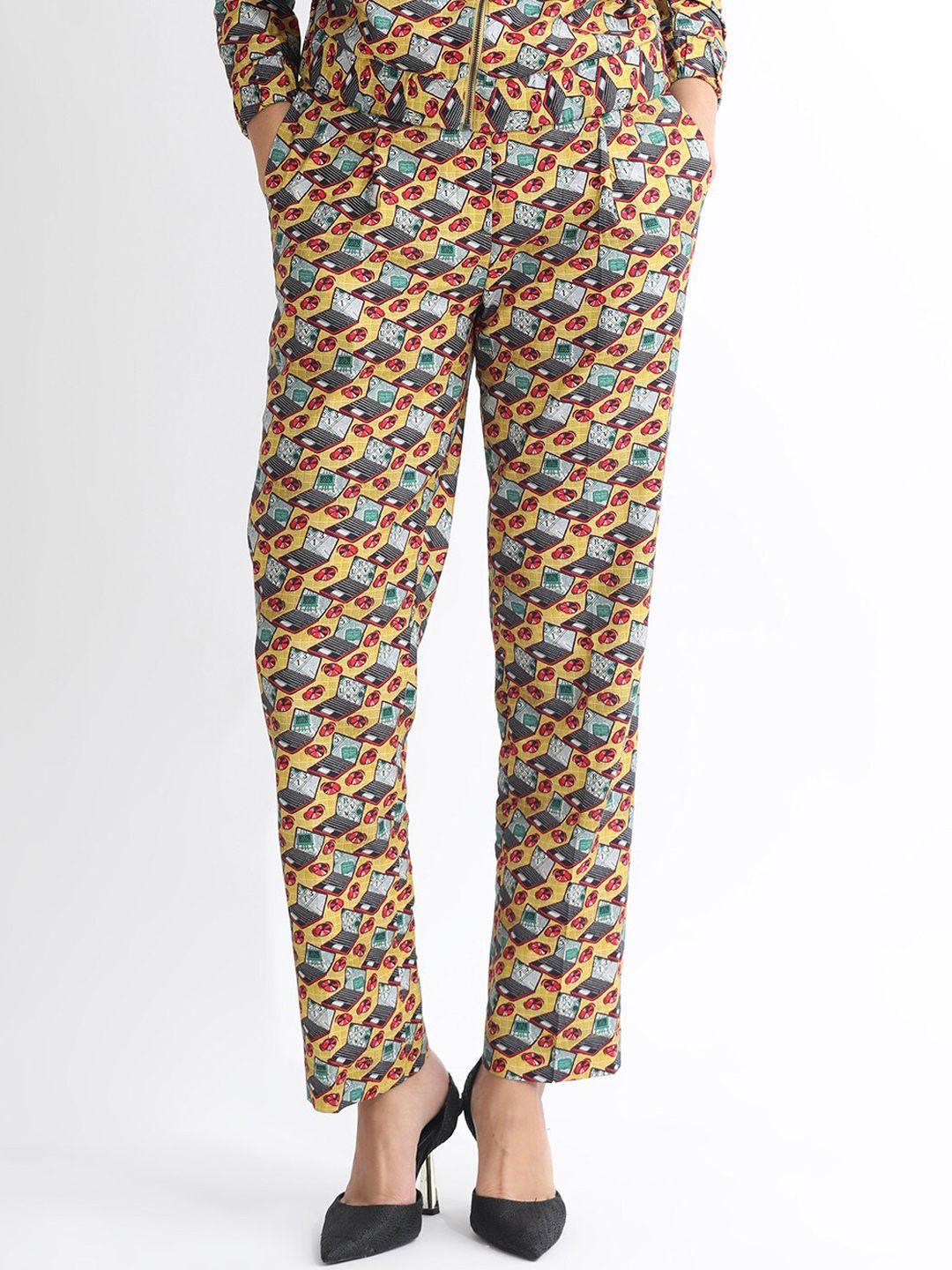 RAREISM Women Slim Fit Conversational Printed High-Rise Cotton Regular Trousers