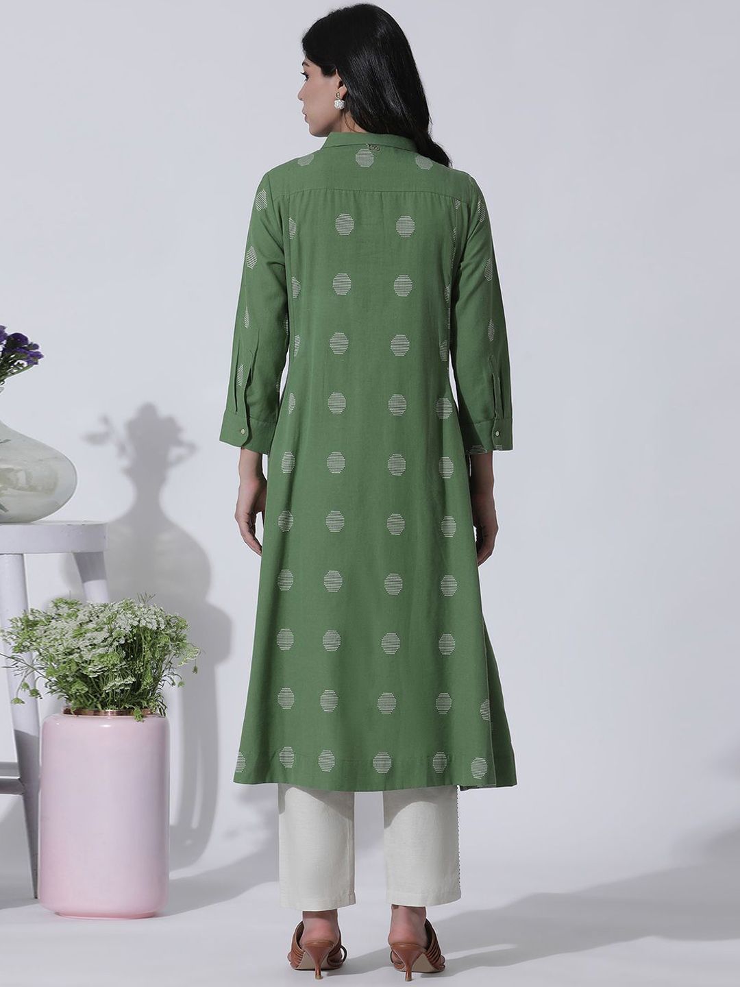 W Ethnic Motifs Printed Shirt Collar Anarkali Kurta with Trousers