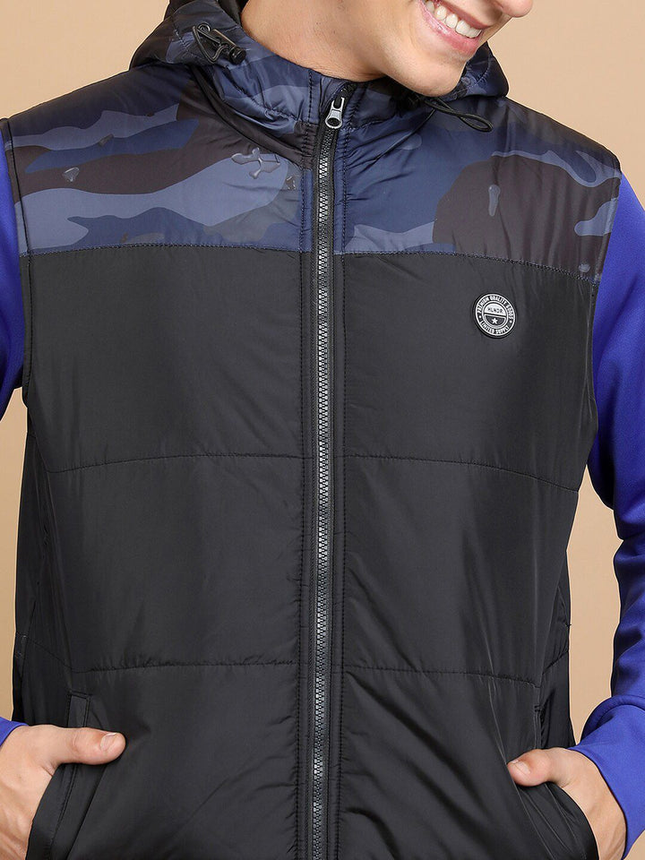 HIGHLANDER Colourblocked Hooded Neck Sleeveless Zip Detail Puffer Jacket