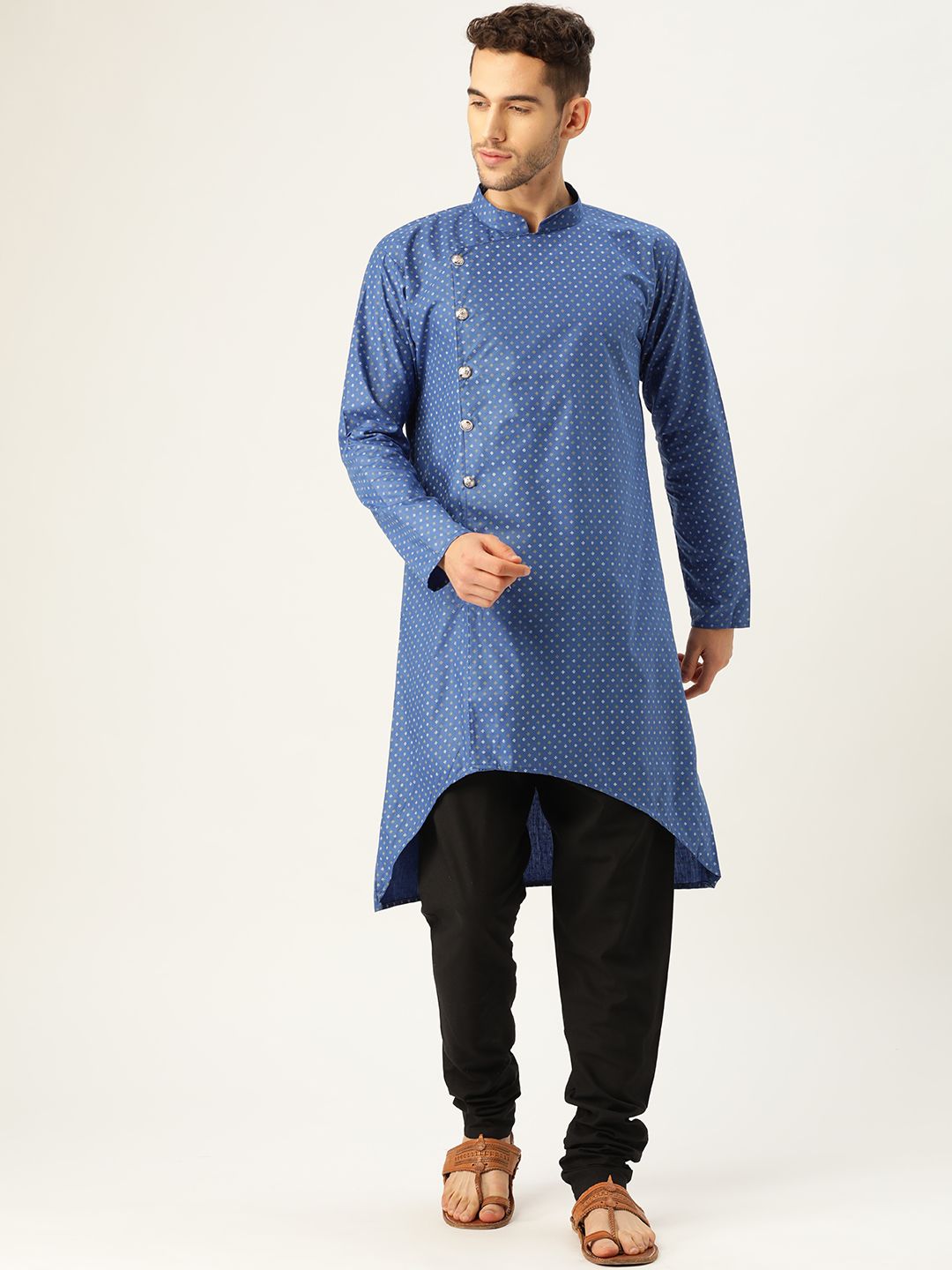SOJANYA Men Blue & White Printed A-Line High-Low Hem Angrakha Kurta