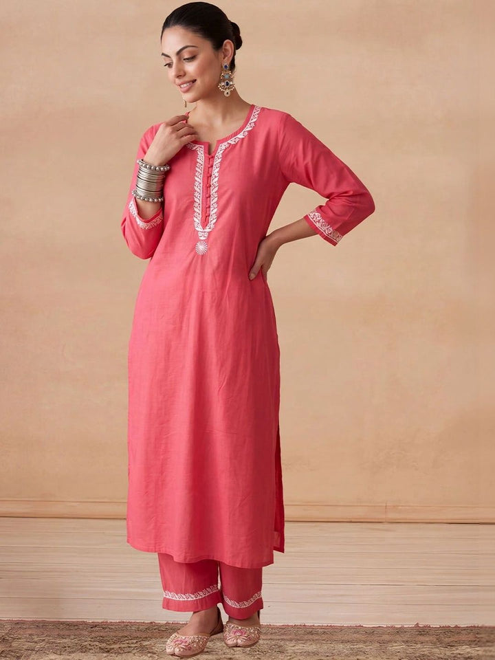 House of Chikankari Women Ethnic Motifs Embroidered Regular Thread Work Chanderi Silk Kurta with Trousers