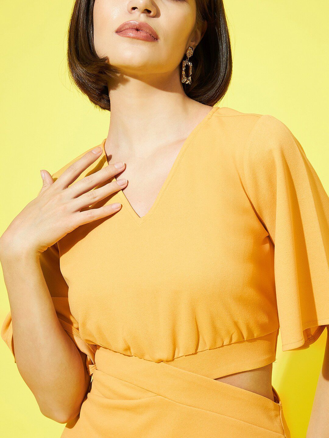 Athena Women Mustard Yellow Solid V-Neck Top and Trousers