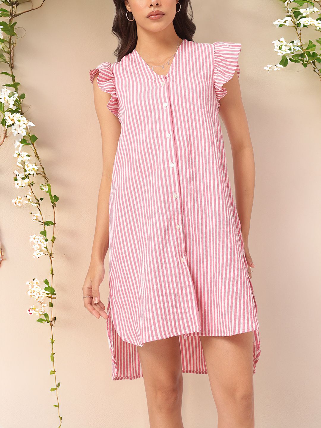 DressBerry Rich Textures Ruffled Trim High Low Striped Shirt Dress