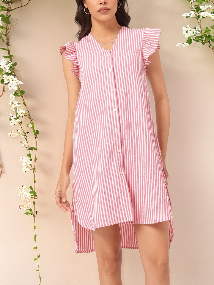 DressBerry Rich Textures Ruffled Trim High Low Striped Shirt Dress