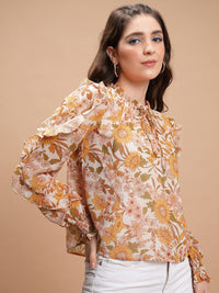 Tokyo Talkies Yellow Floral Print Tie-Up Neck Ruffled Cuffed Sleeves Blouson Top