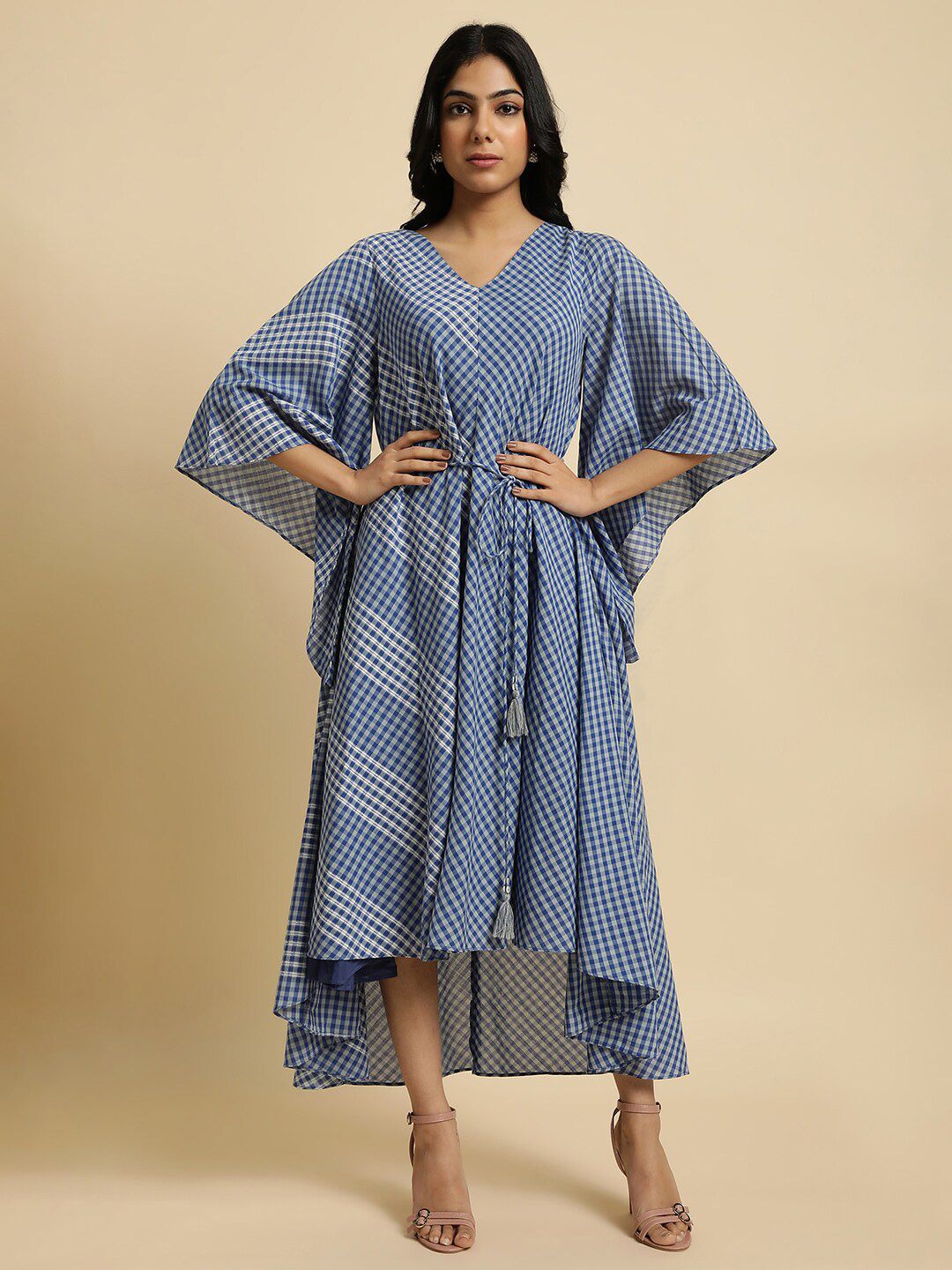 W Checked Kimono Sleeves Kaftan Pure Cotton Midi Dress