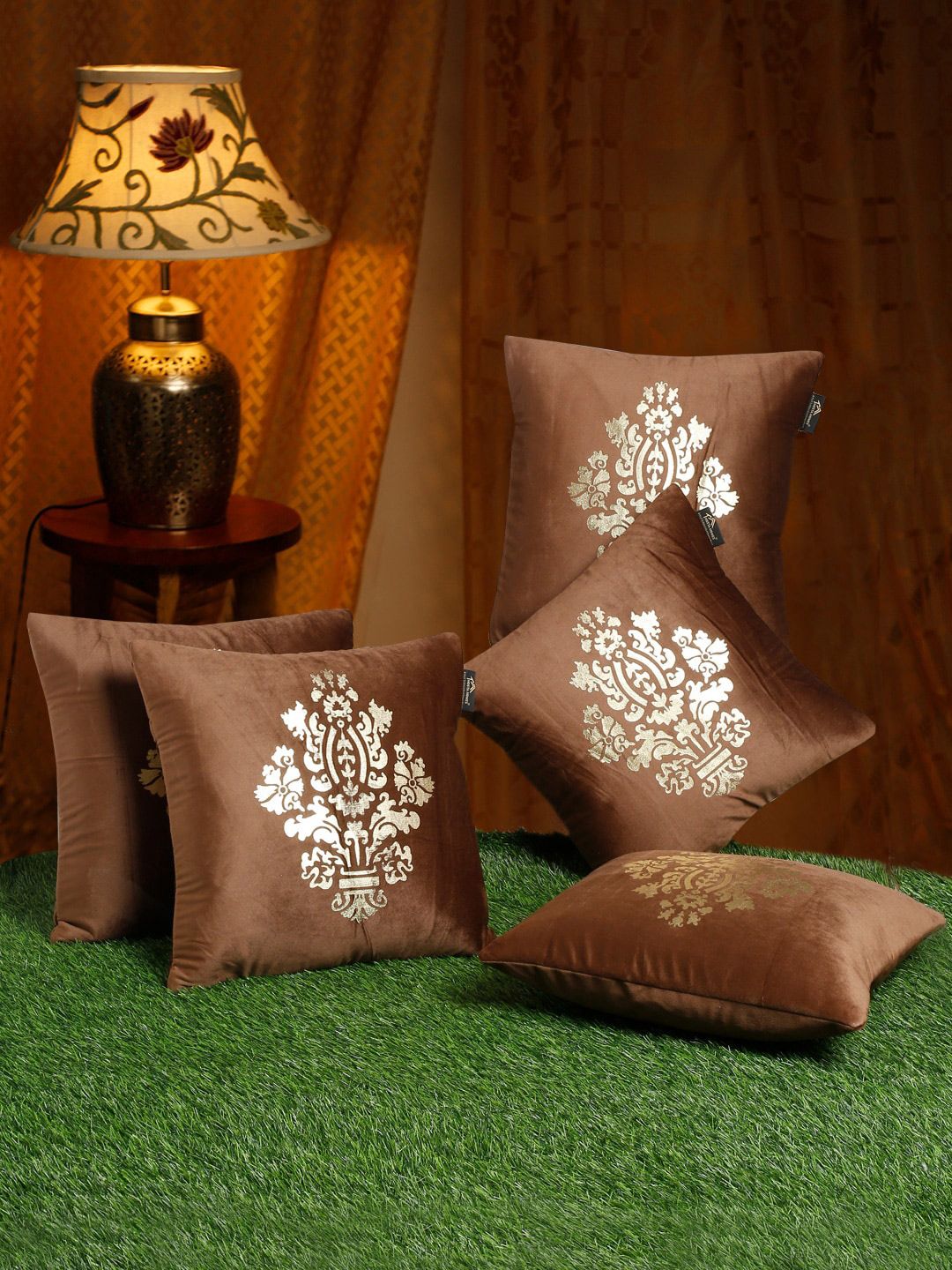 HOSTA HOMES Brown & Gold Set of 5 Ethnic Motifs Velvet Square Cushion Covers