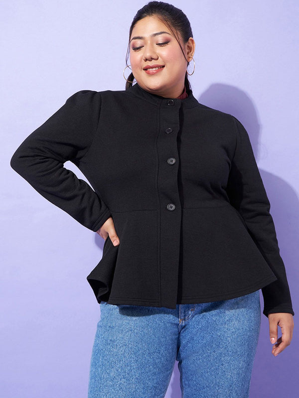 SASSAFRAS Curve Plus Size Black Mandarin Collar Tailored Jacket
