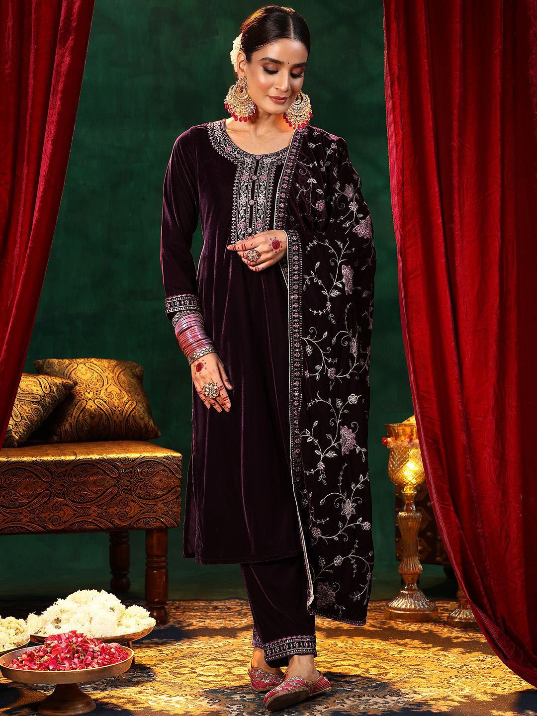 Libas Floral Yoke Design Sequinned Velvet Straight Kurta with Trousers & With Dupatta