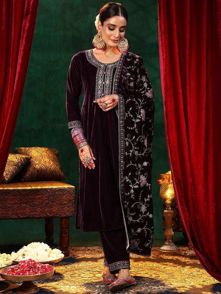 Libas Floral Yoke Design Sequinned Velvet Straight Kurta with Trousers & With Dupatta