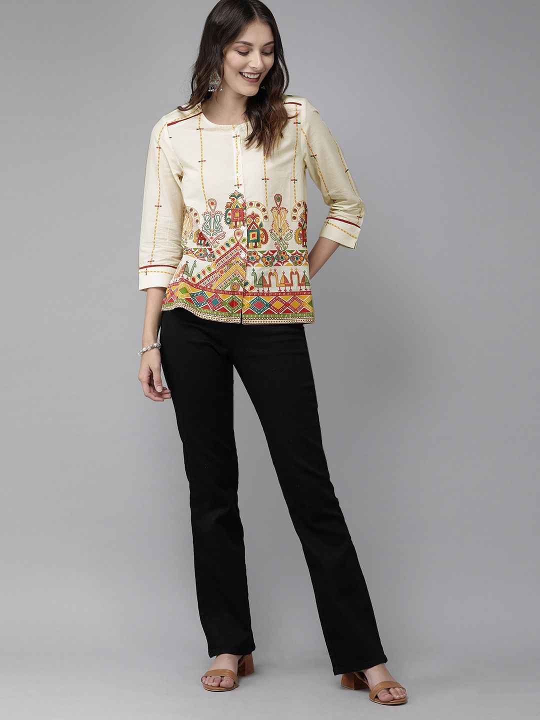 Anouk Beige & Red Antiviral Finish Ethnic Motifs Anti-Viral Pure Cotton Top