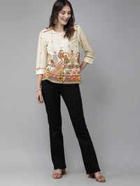 Anouk Beige & Red Antiviral Finish Ethnic Motifs Anti-Viral Pure Cotton Top
