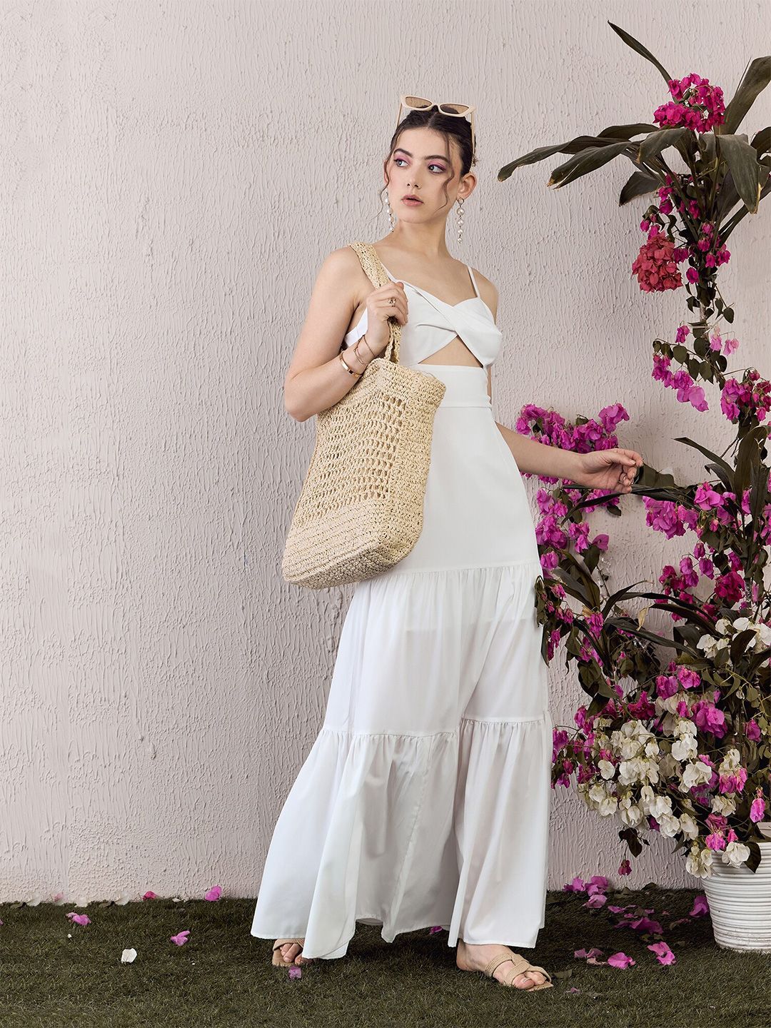 Berrylush White Self Design Ruffled Shoulder Straps Fit & Flare Maxi Dress