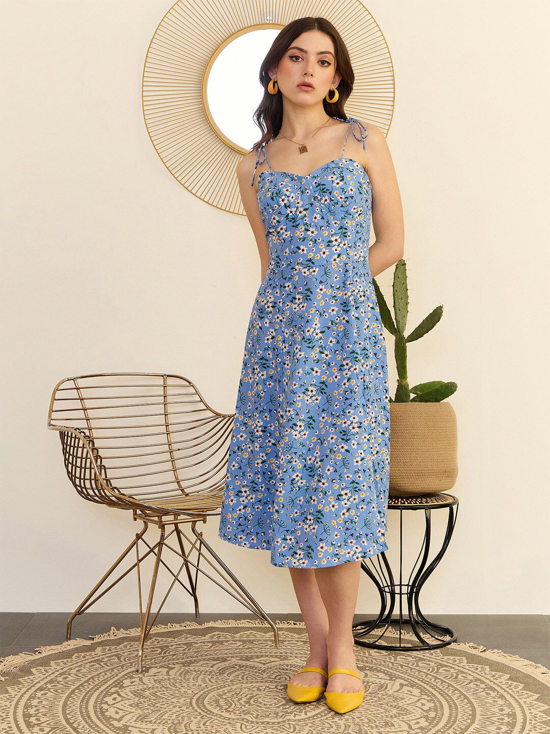 Berrylush Floral Printed Shoulder Straps A-Line Midi Dress