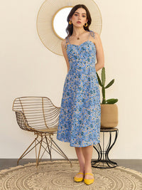 Berrylush Floral Printed Shoulder Straps A-Line Midi Dress