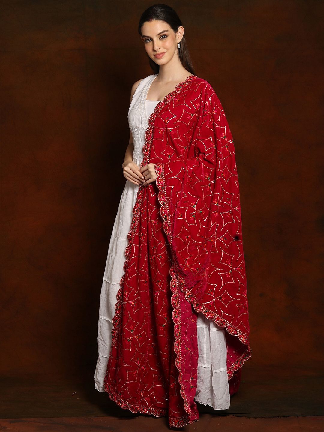 Exotic India Poppy Red Velvet Dupatta with Zari and Sequinned Diamond Pattern
