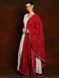 Exotic India Poppy Red Velvet Dupatta with Zari and Sequinned Diamond Pattern