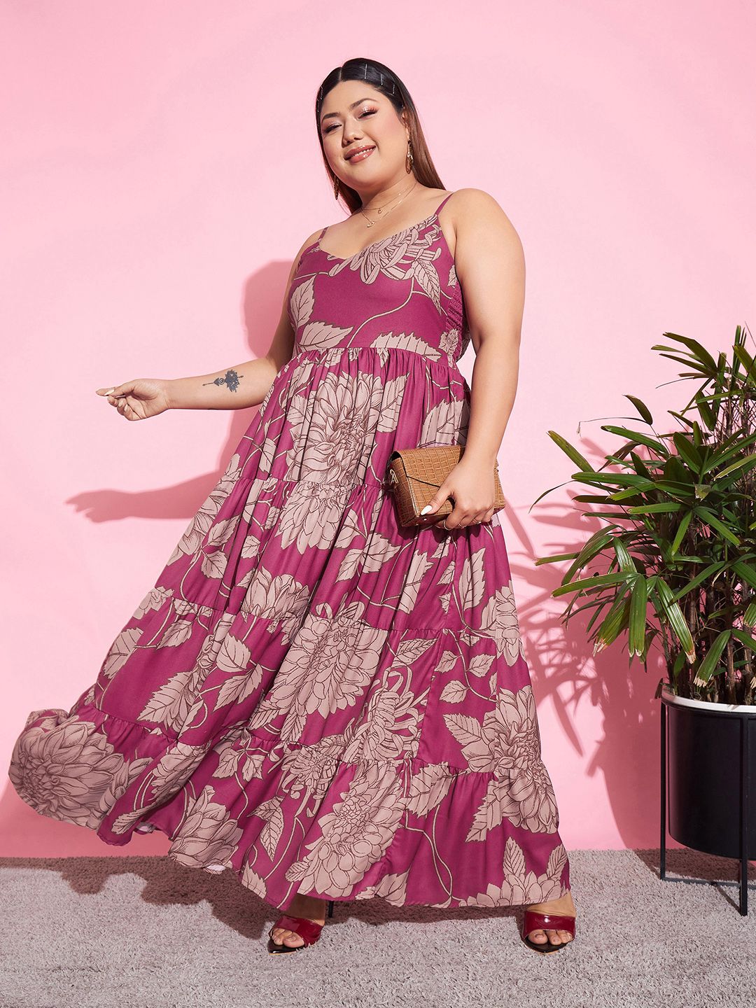 SASSAFRAS Curve Magenta Plus Size Floral Printed Tiered Maxi Dress