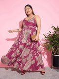 SASSAFRAS Curve Magenta Plus Size Floral Printed Tiered Maxi Dress