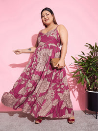 SASSAFRAS Curve Magenta Plus Size Floral Printed Tiered Maxi Dress
