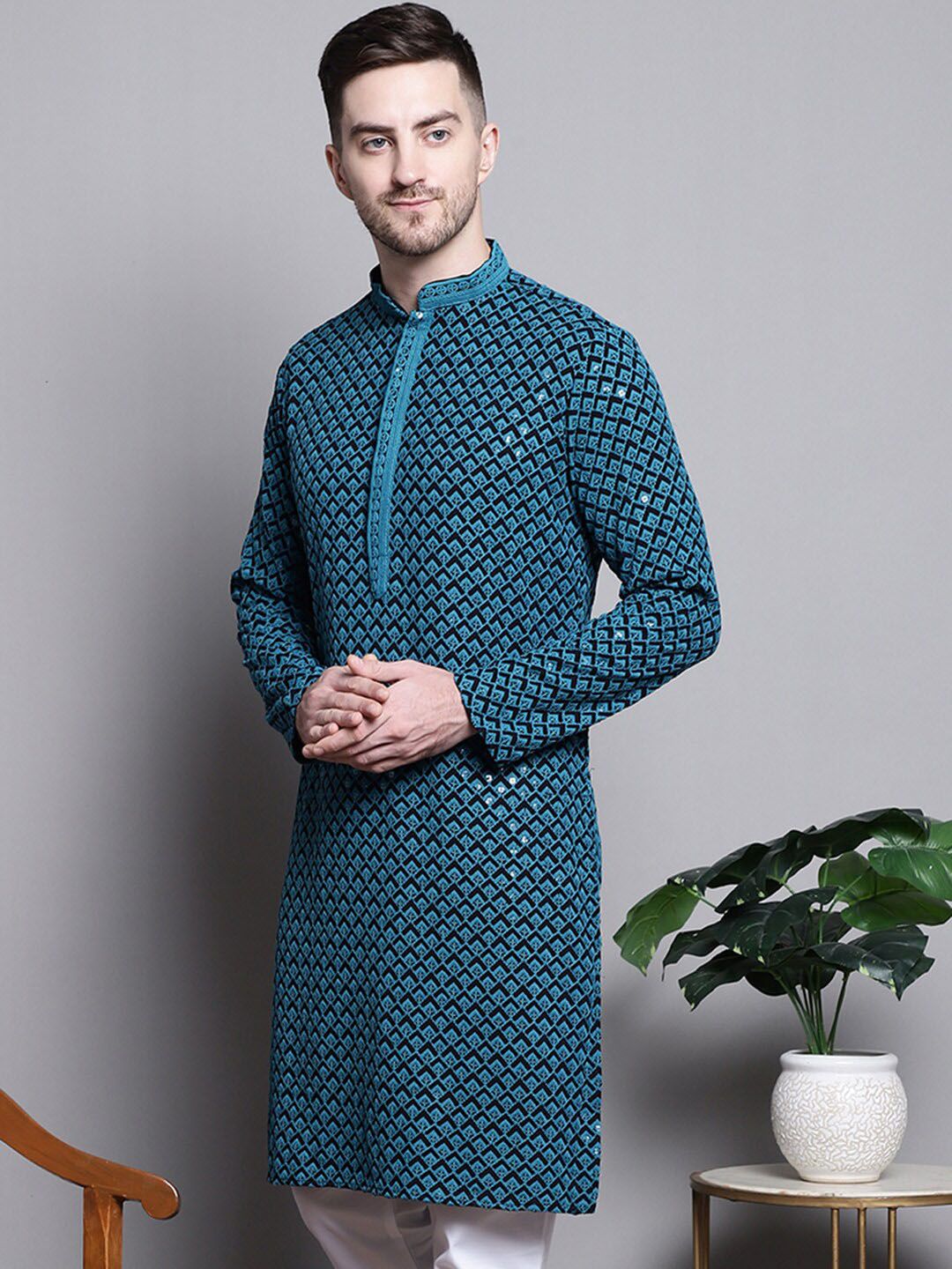 Jompers Geometric Embroidered Thread Work Sequinned Pure Cotton Kurta