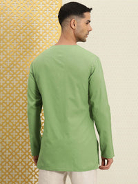 House of Pataudi Men Solid With Thread Work Detail Band Collar Jashn Short Kurta