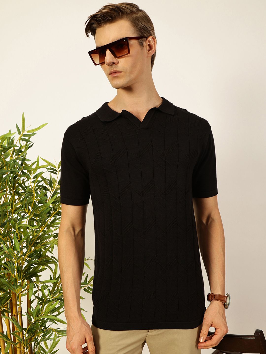 Thomas Scott Men Self Design Regular Fit Knitted Polo T-shirt