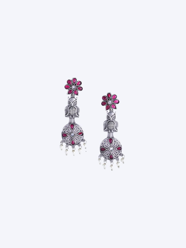 PANASH Silver-Plated Pink Stone Studded & Beaded Earrings