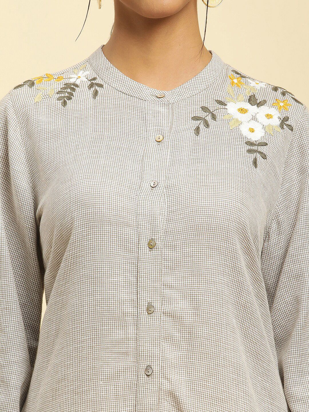 W Checked Collar Checked Band Collar Long Sleeve A-Line Kurta