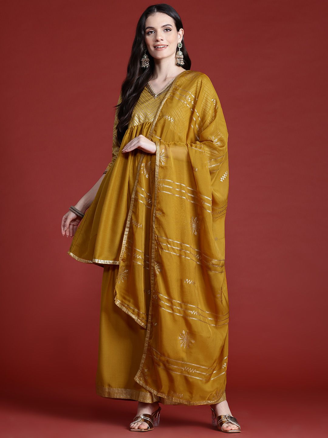 Anouk Printed Panelled Sequinned Kurta with Sharara & Dupatta