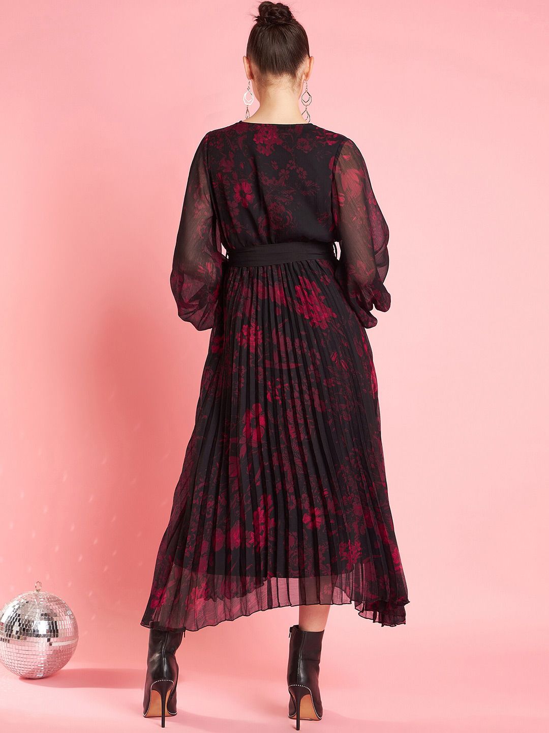 Antheaa Black V-Neck Bishop Sleeves Floral Printed Midi Opaque Party Dress
