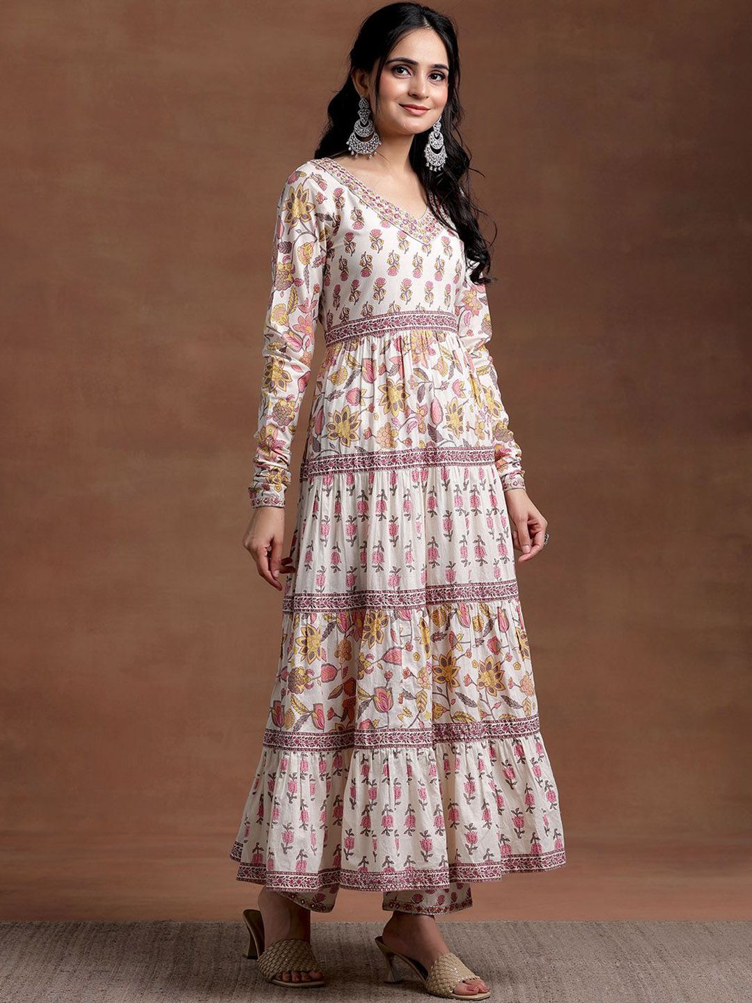 Libas Floral Printed Tiered Mirror Work Pure Cotton Kurta with Palazzos & With Dupatta