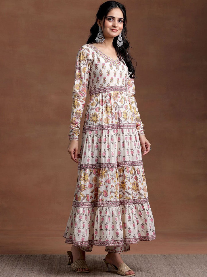 Libas Floral Printed Tiered Mirror Work Pure Cotton Kurta with Palazzos & With Dupatta