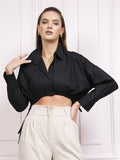 Athena Black Cotton Shirt Style Crop Top