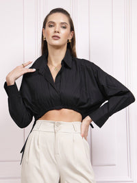 Athena Black Cotton Shirt Style Crop Top