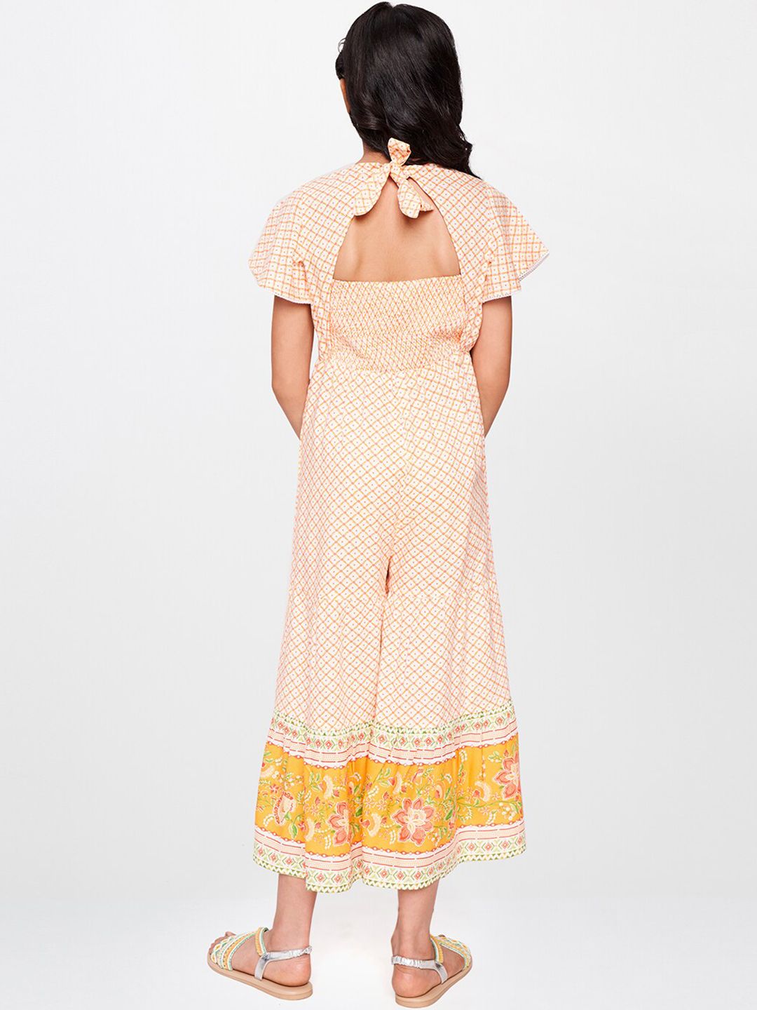 Global Desi Girls Off-White & Yellow Printed Basic Jumpsuit