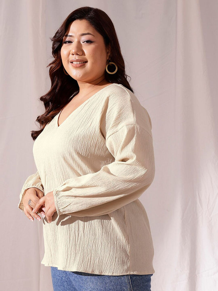 CURVY STREET Self Design V-Neck Drop-shoulder Sleeves Regular Top
