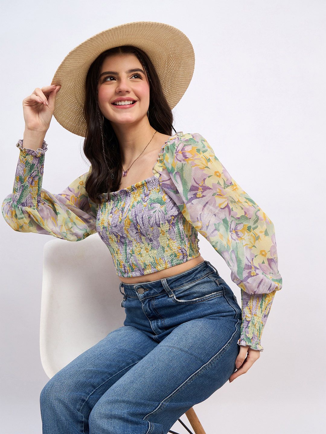 Berrylush Floral Print Bishop Sleeves Georgette Crop Top