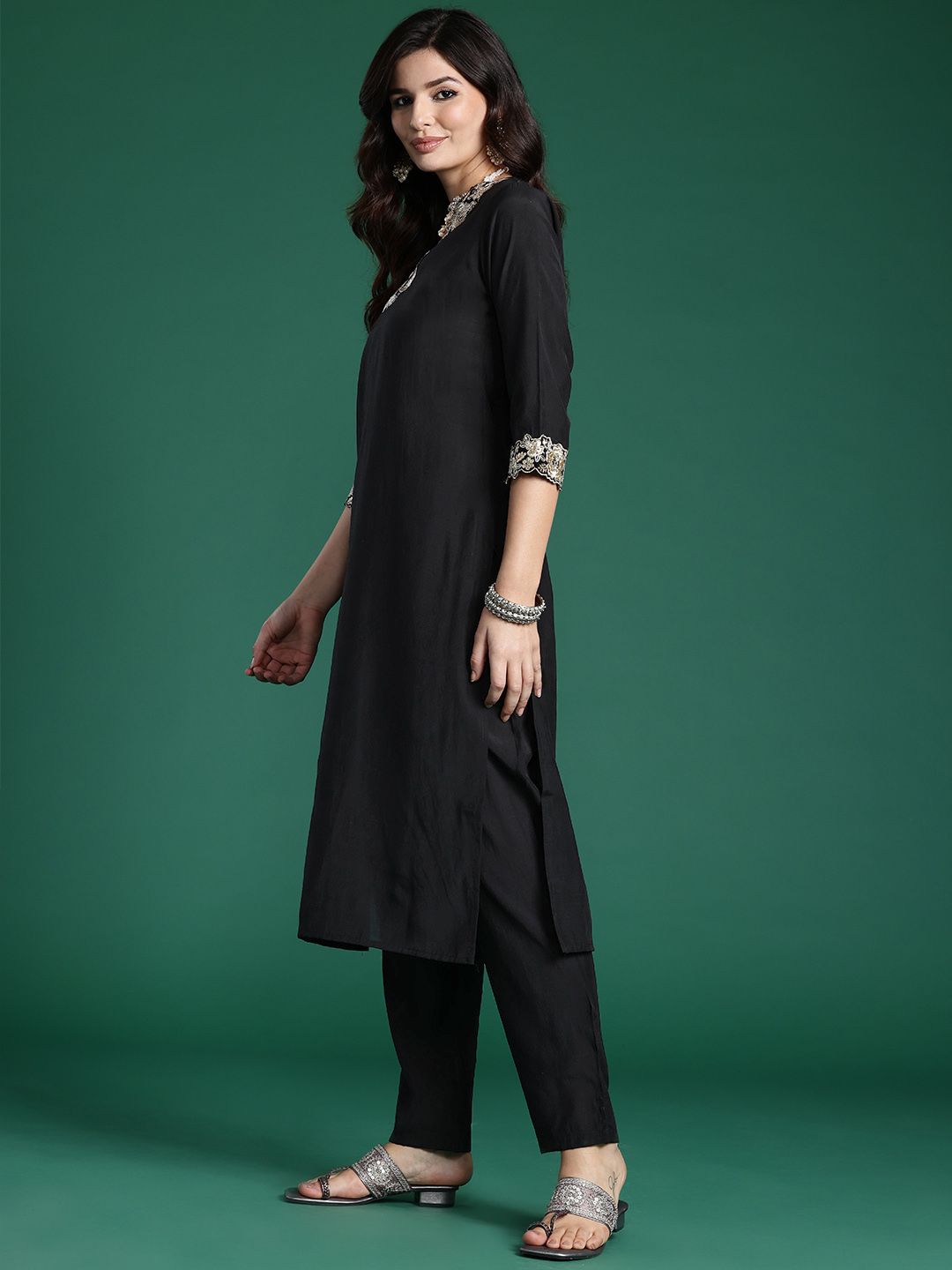 Indo Era Women Floral Yoke Design Regular Pure Cotton Kurta with Trousers