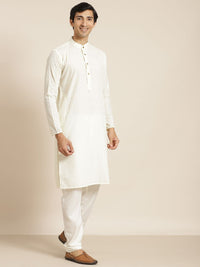 SOJANYA Men Cream-Coloured Chikankari Pure Cotton Kurta with Churidar & Nehrujacket