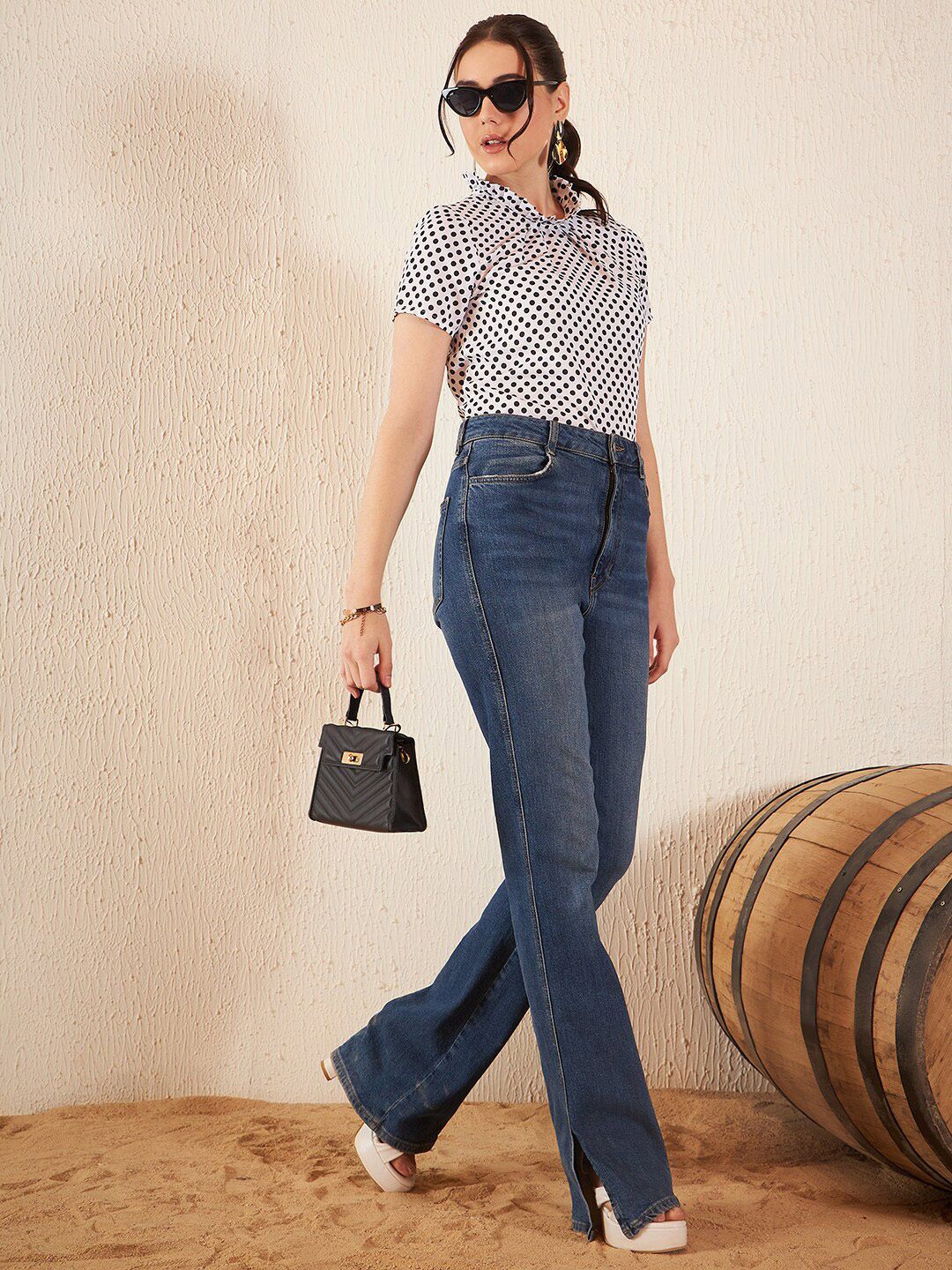 DENNISON Polka Dot Printed High Neck Crepe Top