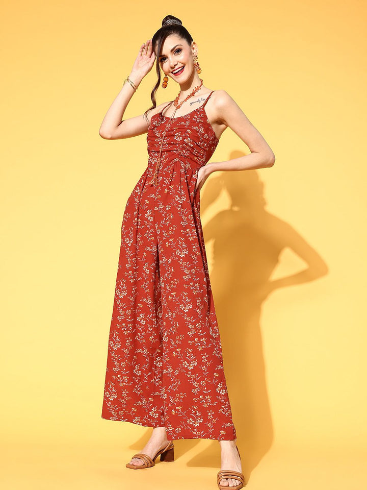 Berrylush Women Gorgeous Red Printed Volume Play Jumpsuit