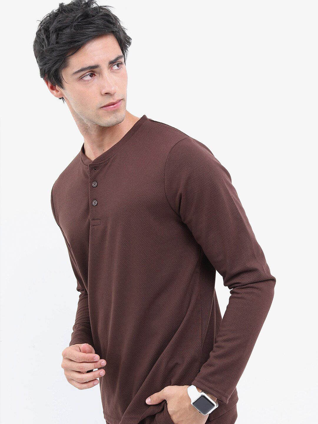 Highlander Henley Neck Popcorn berstruktur tshirt biasa